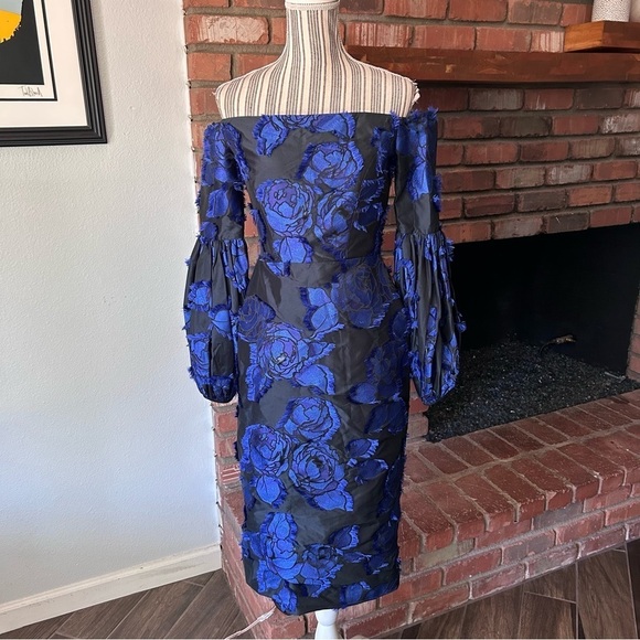 Lela Rose Off the Shoulder Floral Brocade Dress in Blue/Black Sz 2/4 - Picture 1 of 11